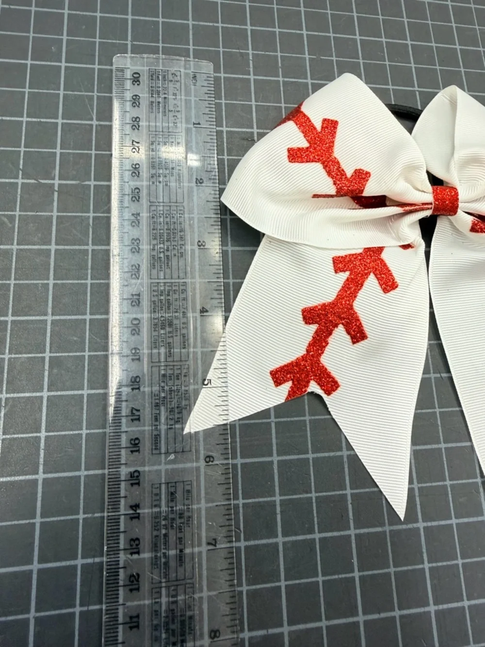 White Cheer Baseball Bow with Red Glitter Stitch Detail
